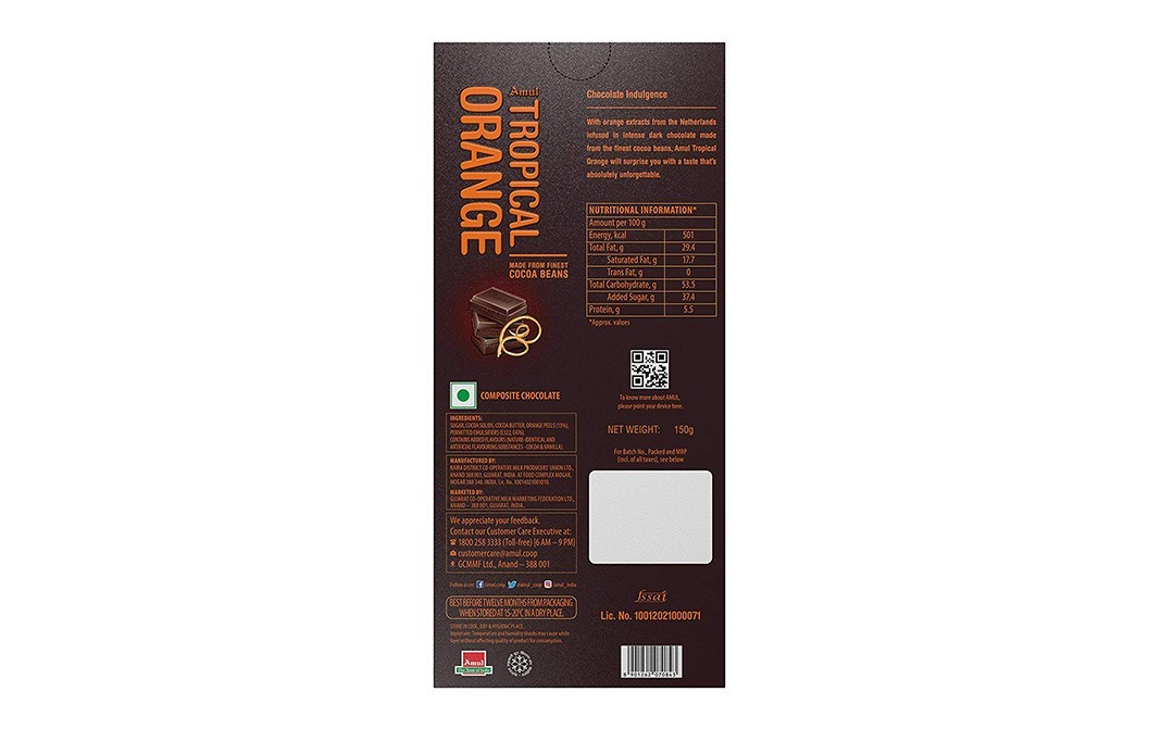 Amul Tropical Orange Chocolate (Made From Finest Cocoa Beans)   Box  150 grams